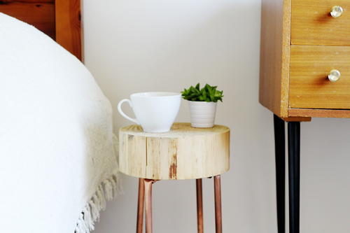 Modern Wood Slice and Copper Side Table