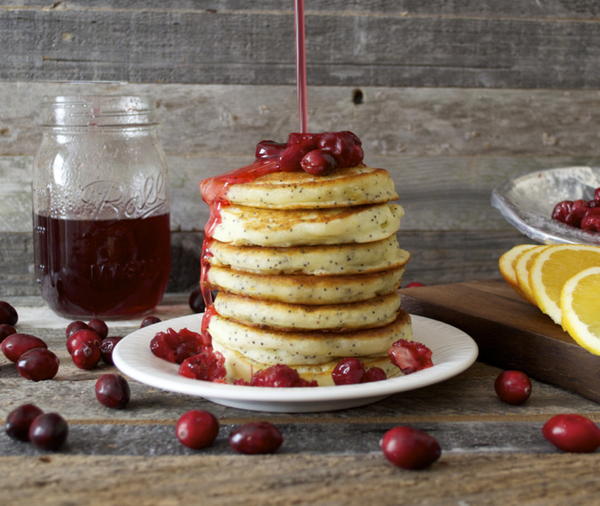 Orange Poppy Seed Pancakes with Cranberry Syrup