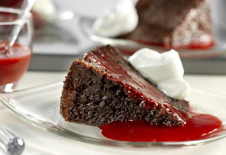 Triple Chocolate Pudding Cake with Raspberry Sauce