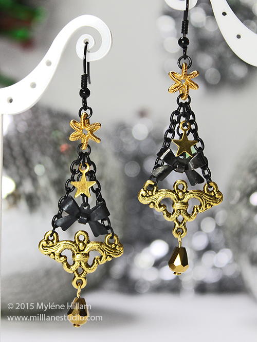 Ornate Black and Gold Christmas Tree Earrings