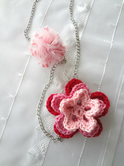 Pom-Pom and Crochet Flower Necklace