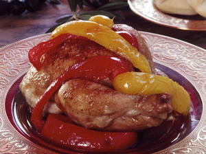 Poussin with Olive Puree and Sweet Peppers
