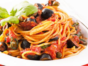 Fiery Spaghetti with Anchovies, Olives, and Capers in a Quick Tomato Sauce