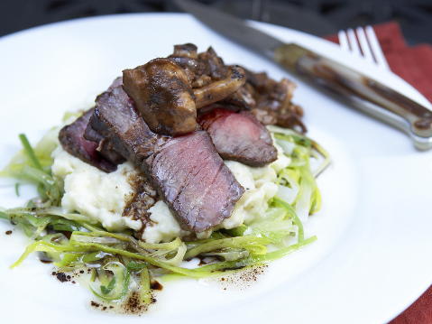 Dry-Aged Steaks with Smashed Yukon Potatoes and Buttered Leeks