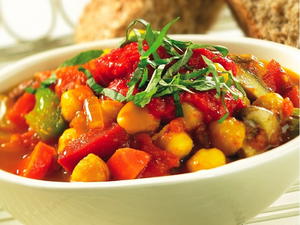 Mushroom and Chickpea Stew with Roasted Red Pepper Coulis