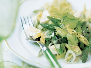 Asparagus Salad with Celery Leaves, Quail Eggs, and Tarragon Vinaigrette