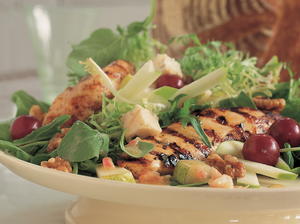 Tender Greens with Pears, Apples, Grapes, Gorgonzola, and Grilled Chicken