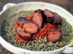 Sausages and Green Lentils with Tomato Salsa