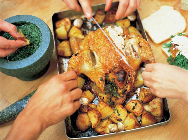 roast chicken with lemon and rosemary roast potatoes cookstr com