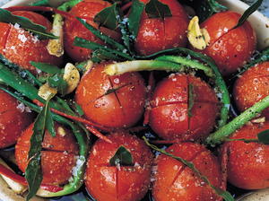 Slow-Roasted Balsamic Tomatoes with Baby Leeks and Basil