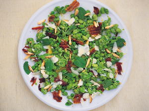 Broad Bean and Crispy Pancetta Salad with a Pea, Pecorino and Mint Dressing