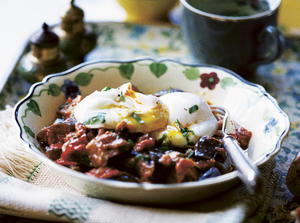 Spicy Eggplant and Tomato with Poached Eggs