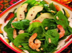 Spinach, Shrimp, and Pear Salad with Piñons