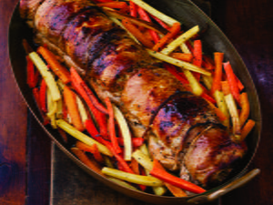 Apple and Chestnut-Stuffed Pork Loin with Cider Sauce