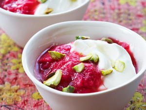 Rhubarb and Pistachios Over Thick Yogurt