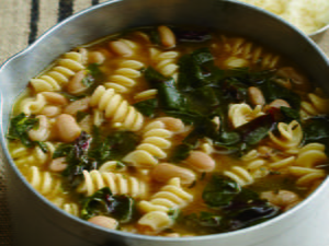 Swiss Chard, Rotini, and Cannellini Beans in Parmesan Broth