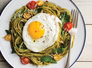 Spaghetti with Wilted Greens and Walnut Pesto