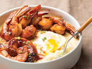 Spicy Shrimp and Cheesy Grits with Over-Easy Eggs