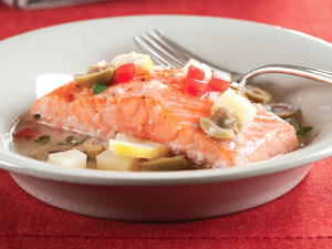 Baked Salmon with Potatoes and Green Olives 