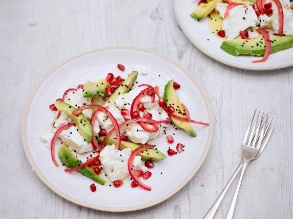 Feta and Avocado Salad with Red Onions Pomegranate and Nigella Seeds