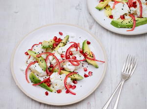 Feta and Avocado Salad with Red Onions, Pomegranate and Nigella Seeds