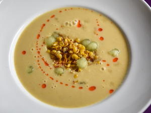 Chilled Corn Soup with Chile Oil and Honeydew 