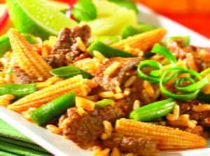 Stir-Fried Rice with Red Curry, Beef and Baby Corn