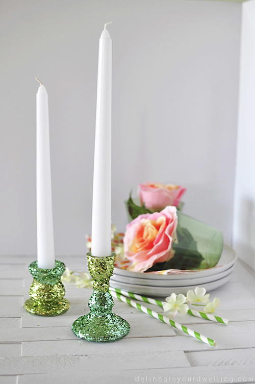 DIY Two-Toned Green Glitter Candle Holder