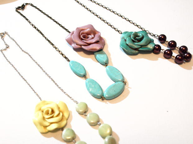Vintage Inspired Clay Rose Necklace