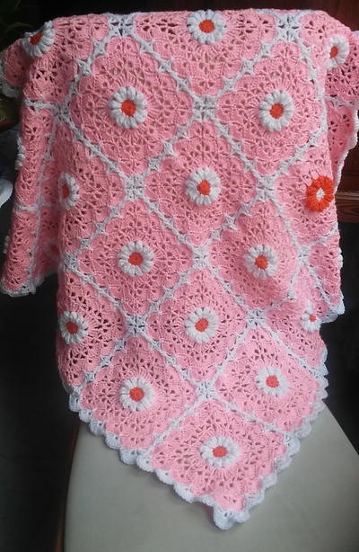 Pink Daisy Crocheted Baby Blanket