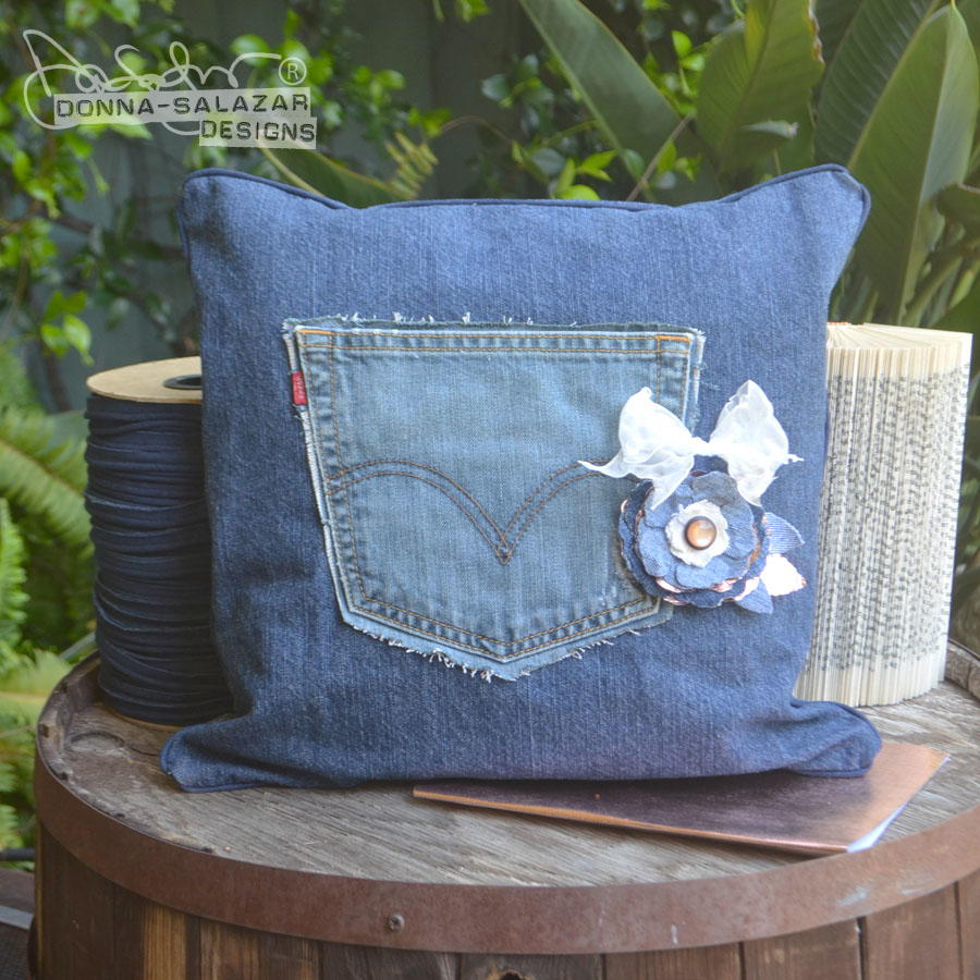 denim pocket pillow with felt backing and button closure made from old jeans