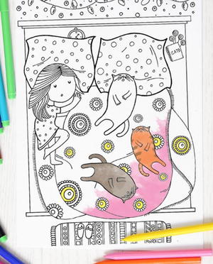 Cat Slumber Party Coloring Page Taking A Nap This Printable Is Great Way To Spend Lazy Weekend With Your Feline Friends