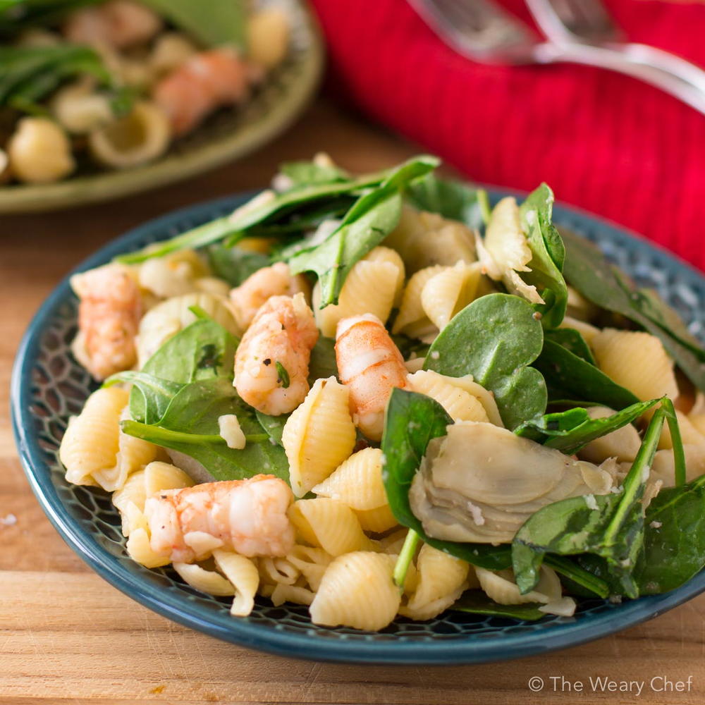 Shrimp Pasta Salad with Spinach and Artichokes