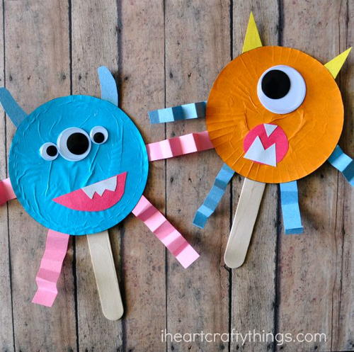 Cupcake Liner Monster Puppets | AllFreeKidsCrafts.com