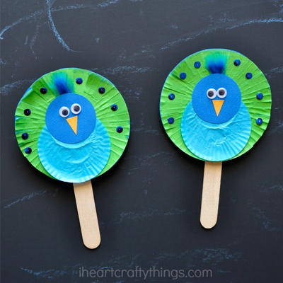 Cupcake Liner Peacock Puppets