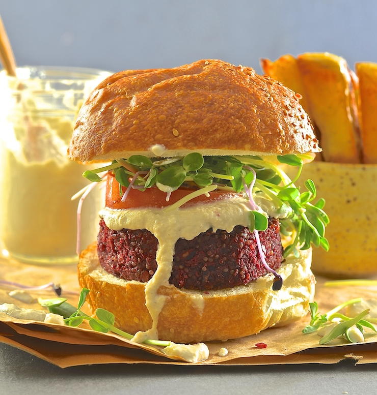 Beet Lentil & Quinoa Burgers with Creamy Horseradish Sauce