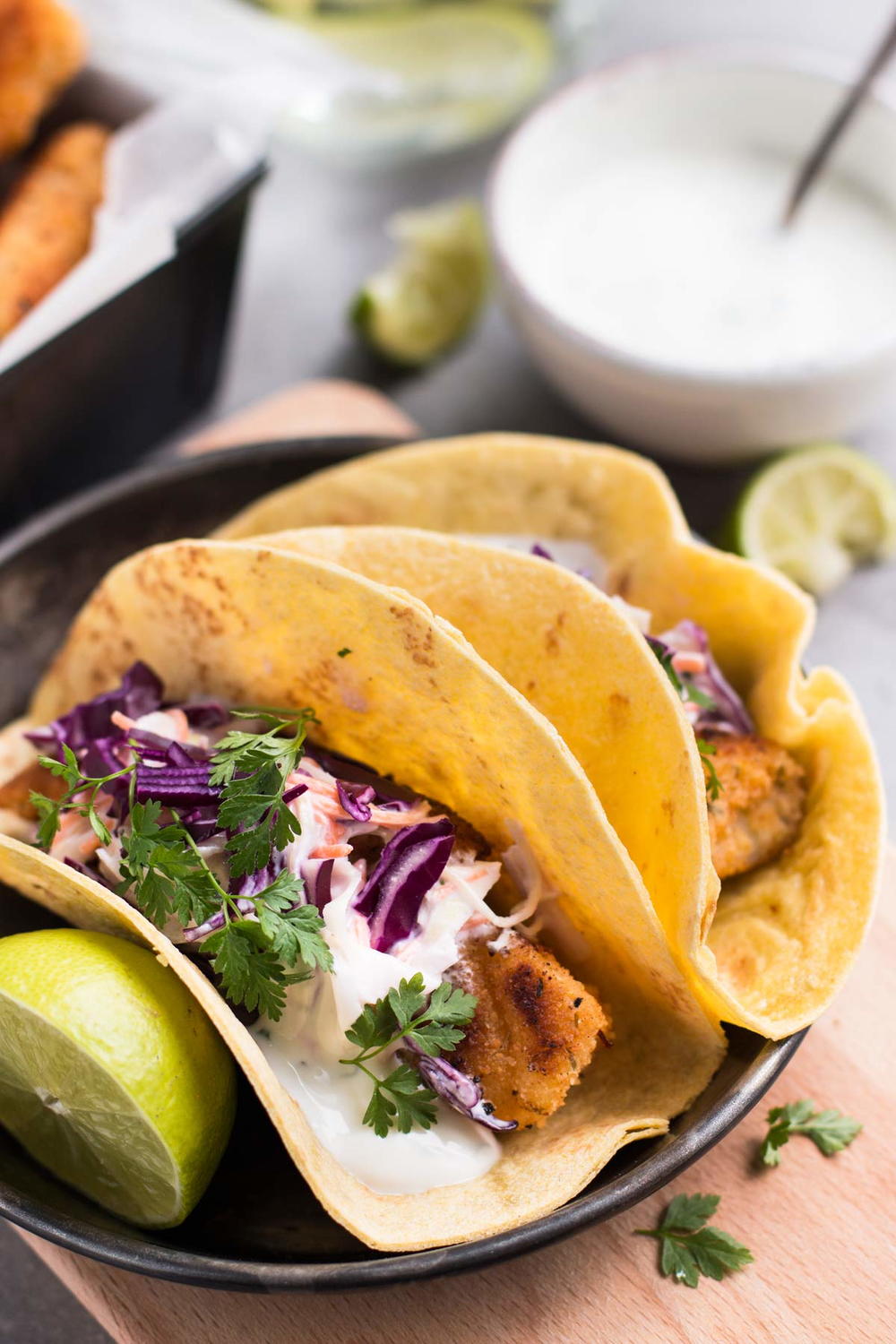 Baja Fish Tacos with Creamy Cilantro Lime Slaw Recipe 