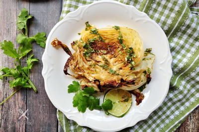 Roasted Cabbage Steaks with Lime and Cilantro Sauce