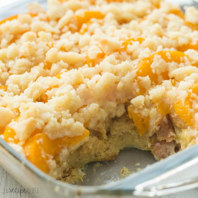 Easiest Ever Peach Cobbler French Toast Casserole