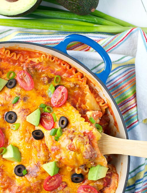 Skinny Mexican One Skillet Lasagna | FaveHealthyRecipes.com
