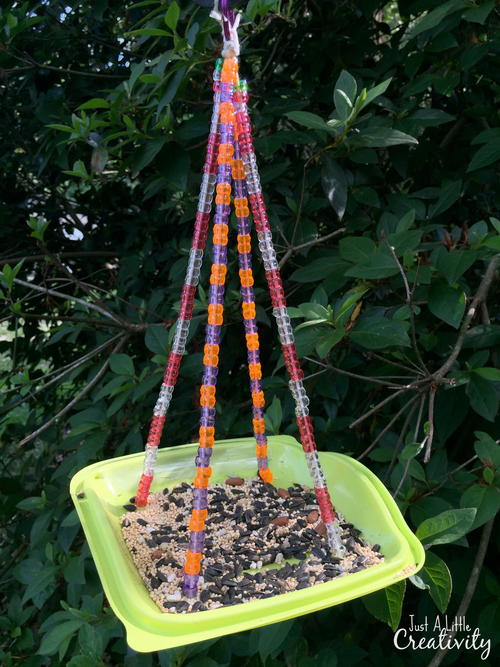 Beaded Bird Feeder from a Fast Food Salad Container