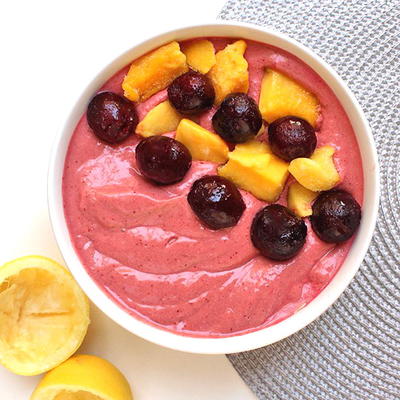 Cucumber Smoothie Bowl with Cherry and Mango