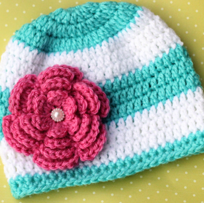 Stripes and Flower Crochet Beanie Pattern