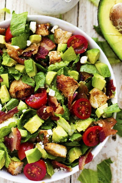 Avocado Chicken and Bacon Chopped Salad with a Creamy Basil Dressing