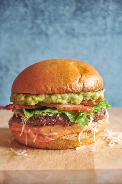 Southwest Bacon Burgers with Guacamole and Spicy Yogurt