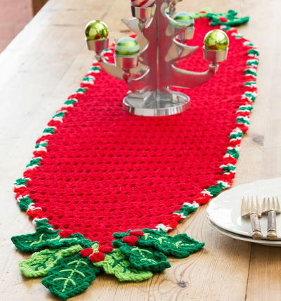 Holiday Holly Crochet Table Runner