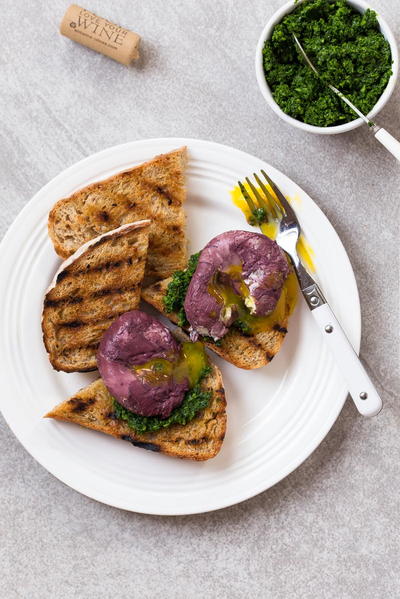 Red Wine Poached Eggs with Kale Toast