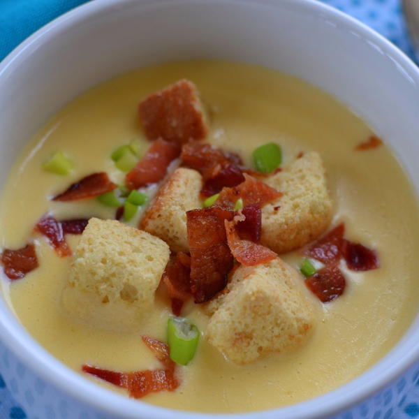 Creamy Cheddar Soup with Bacon and Croutons
