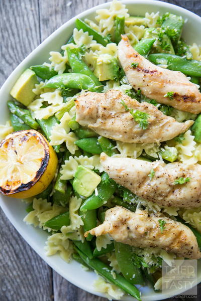 Hot Asparagus, Snap Pea & Avocado Pasta Salad