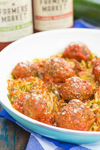 Tomato Basil Zoodles with Meatballs
